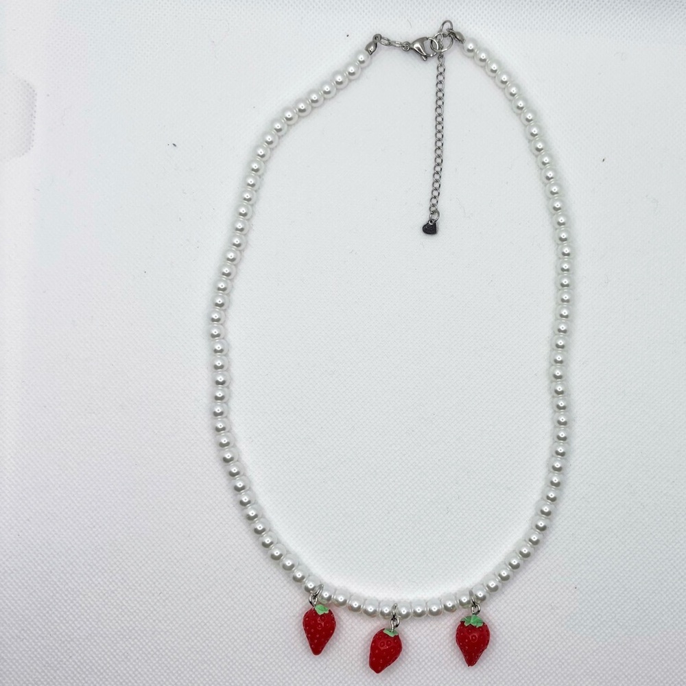 Handmade White and Red Minimalist Necklace with strawberries Pendants